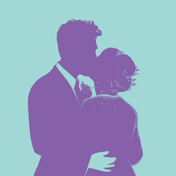 ilustrações de stock, clip art, desenhos animados e ícones de bride and bridegroom first kiss at wedding - wedding bride wedding reception silhouette