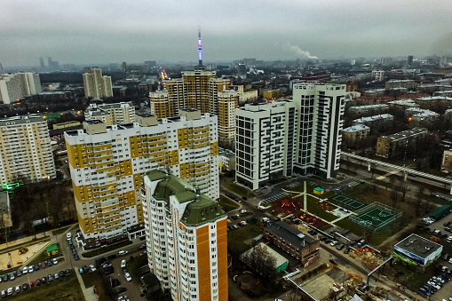 Top view of the city of Moscow, buildings and roads and other infrastructure of the city. Cityscape view from above.