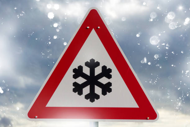 istock winter driving - warning sign - risk of snow and ice 1124764751