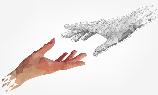 Low polygonal hands, human and robot arms, partnership of people and robots, computer graphics