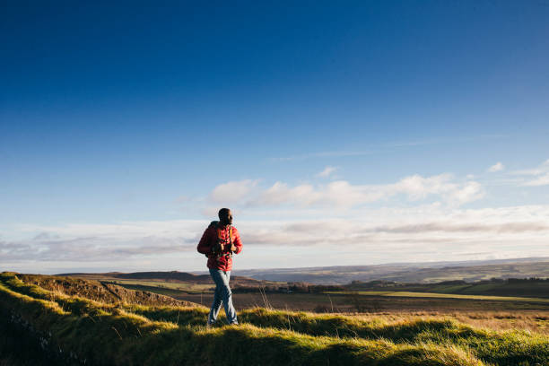 Solo Hiker One young adult walking on Hadrian's Wall in Northumberland, UK countryside. northumberland stock pictures, royalty-free photos & images