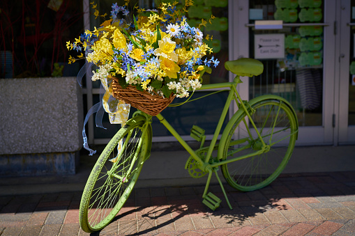 A festive green decorative bike with a bouquet of flowers in a wicker basket over the handlebars