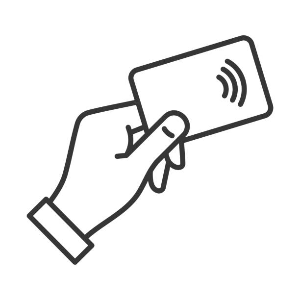 illustrazioni stock, clip art, cartoni animati e icone di tendenza di mano con l'icona della carta di credito di pagamento nfc. vettore - pagamento senza contatto illustrazioni