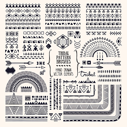 Hand drawn ethnic brushes, patterns, textures. Artistic vector collection of design elements, tribal geometric ornament, aztec style, native americans' fabric. Pattern brushes are included in EPS. Isolated on white background.