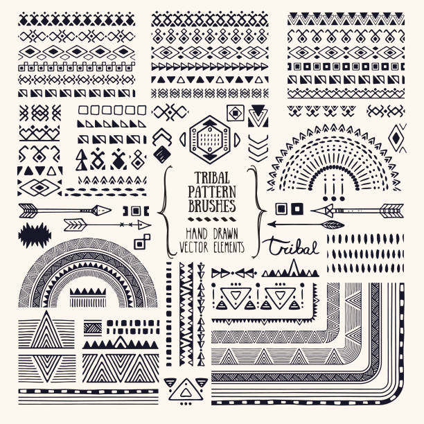 Tribal ornaments, ethnic pattern brushes, folkart illustrations clipart collection. Hand drawn elements for flyer, poster, banner, invitation design templates. Hand drawn ethnic brushes, patterns, textures. Artistic vector collection of design elements, tribal geometric ornament, aztec style, native americans' fabric. Pattern brushes are included in EPS. Isolated on white background. tribal tattoo stock illustrations