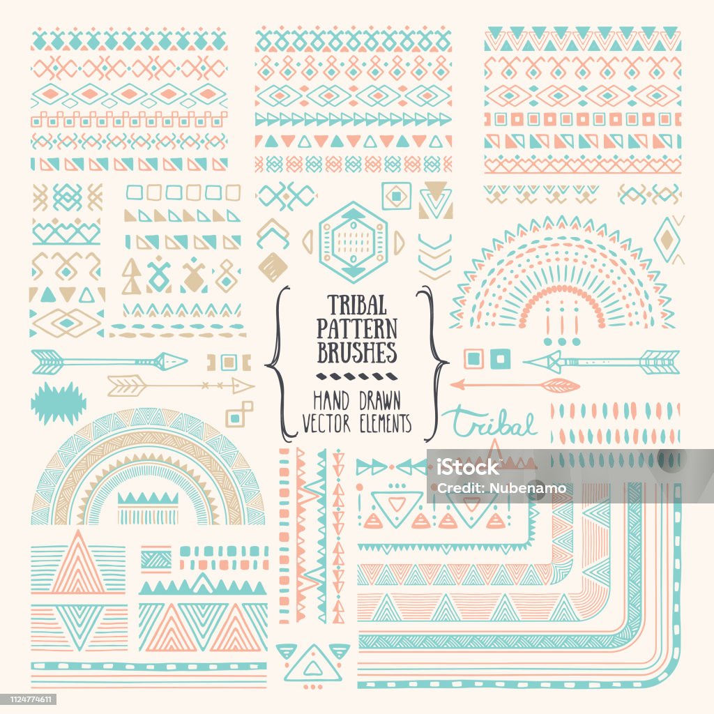 Tribal ornaments, ethnic pattern brushes, folkart illustrations clipart collection. Hand drawn elements for flyer, poster, banner, invitation design templates. Hand drawn ethnic brushes, patterns, textures. Artistic vector collection of design elements, tribal geometric ornament, aztec style, native americans' fabric. Pattern brushes are included in EPS. Isolated on white background. Pattern stock vector