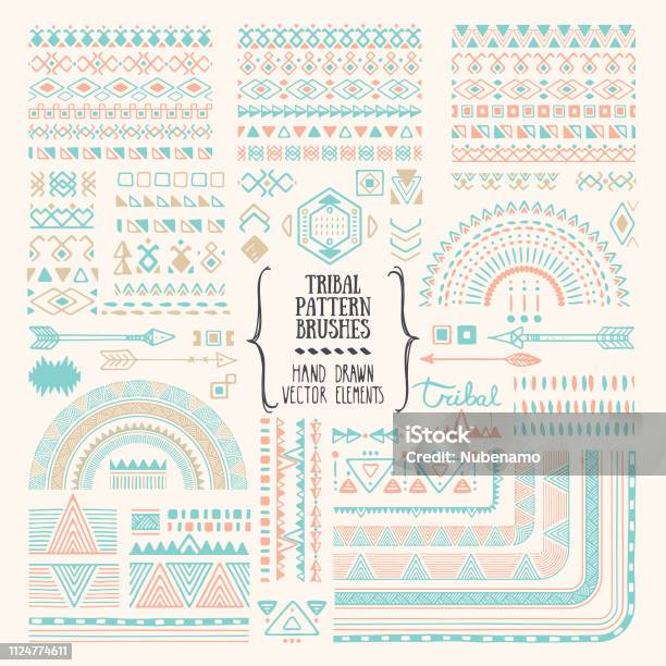 Tribal Ornaments Ethnic Pattern Brushes Folkart Illustrations Clipart Collection Hand Drawn Elements For Flyer Poster Banner Invitation Design Templates Stock Illustration - Download Image Now