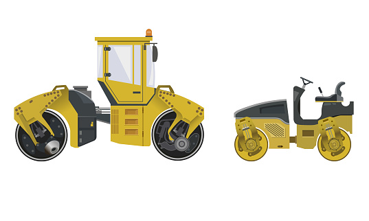 Big and small road rollers. Heavy construction machines. Vector illustration isolated on white background