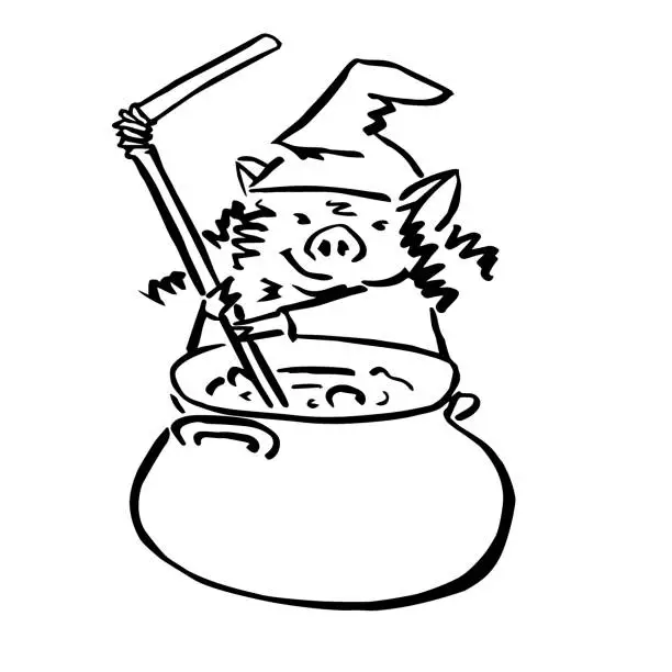Vector illustration of vector cartoon witch pig and big cauldron