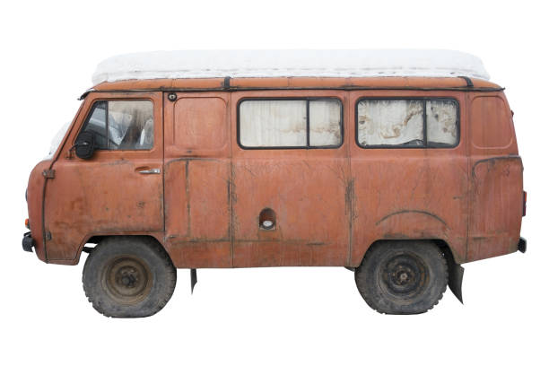 istock Old orange minibus with a snow cap, isolated. 1124781000