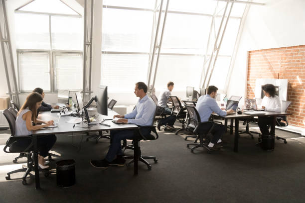 Diverse workers sitting at desk working in coworking space Diverse multiracial workers sitting at desk working in coworking space. Busy six businesspeople coworkers using computers typing chatting solving business matters in modern light contemporary office race office stock pictures, royalty-free photos & images