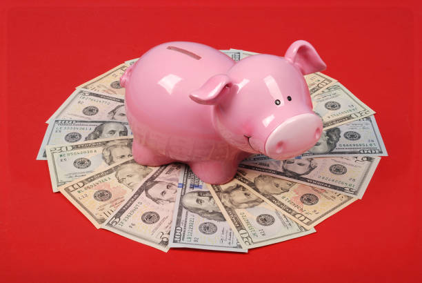 cofrinho rosa em dinheiro - piggy bank front view coin bank single object - fotografias e filmes do acervo