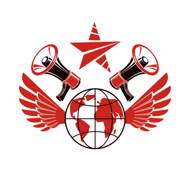 Simple vector emblem created using Earth planet illustration composed with wings and loudspeakers equipment. Propaganda as one of the methods of global psychological warfare. Simple vector emblem created using Earth planet illustration composed with wings and loudspeakers equipment. Propaganda as one of the methods of global psychological warfare. global populism stock illustrations