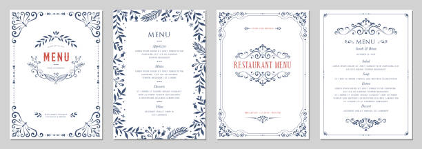 Ornate Design Templates_01 Ornate classic templates set in vintage style. Wedding and restaurant menu. Vector illustration. dinner stock illustrations