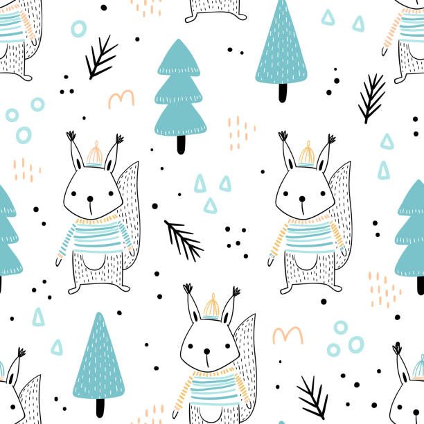 Seamless pattern with cute squirrel Seamless pattern with cute hand-drawn squirrels in a sweater and hat on a forest background. Vector illustration for kids. background of the crazy squirrel stock illustrations