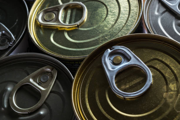 Tin cans and packs of canned beans and tuna Tin cans and packs of canned beans and tuna alimentazione non salutare stock pictures, royalty-free photos & images