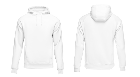 White male hoodie sweatshirt long sleeve with clipping path, mens hoody with hood for your design mockup for print, isolated on white background. Template sport clothes.