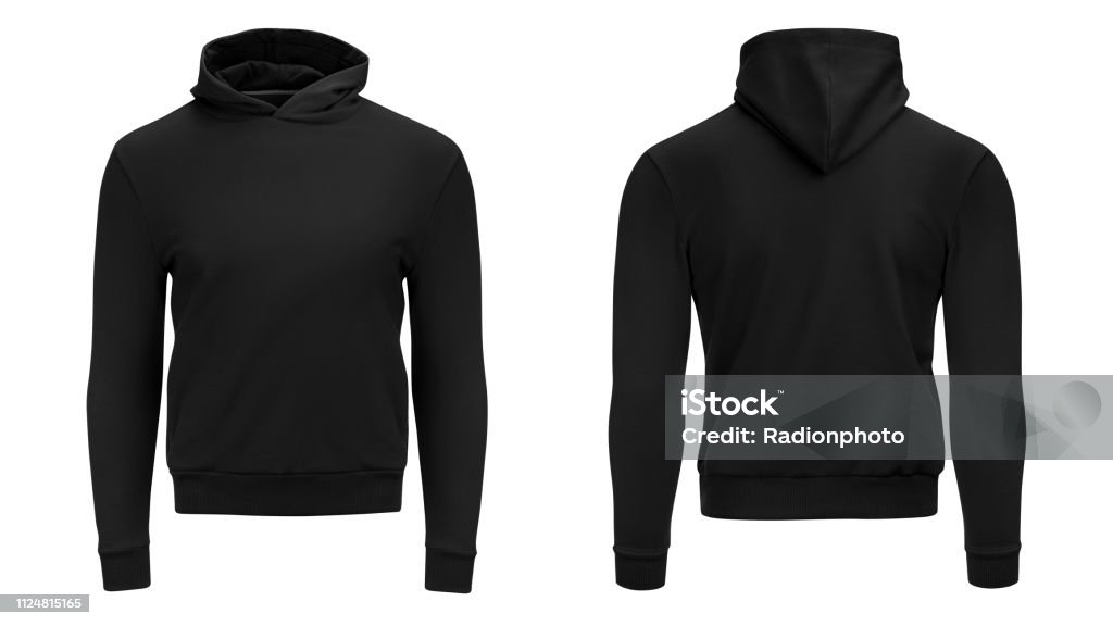 Felpa lunga felpa con cappuccio maschile nero bianco con percorso di ritaglio, felpa con cappuccio uomo con cappuccio per il tuo mockup di design per la stampa, isolata su sfondo bianco. Modello sport abiti invernali - Foto stock royalty-free di Maglia con cappuccio