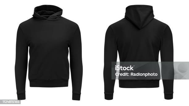 Blank Black Male Hoodie Sweatshirt Long Sleeve With Clipping Path Mens Hoody With Hood For Your Design Mockup For Print Isolated On White Background Template Sport Winter Clothes Stock Photo - Download Image Now