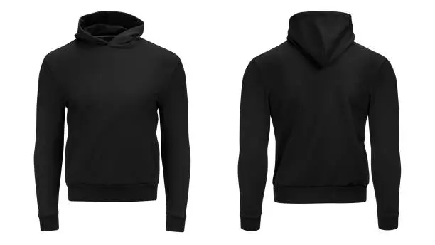 Photo of Blank black male hoodie sweatshirt long sleeve with clipping path, mens hoody with hood for your design mockup for print, isolated on white background. Template sport winter clothes
