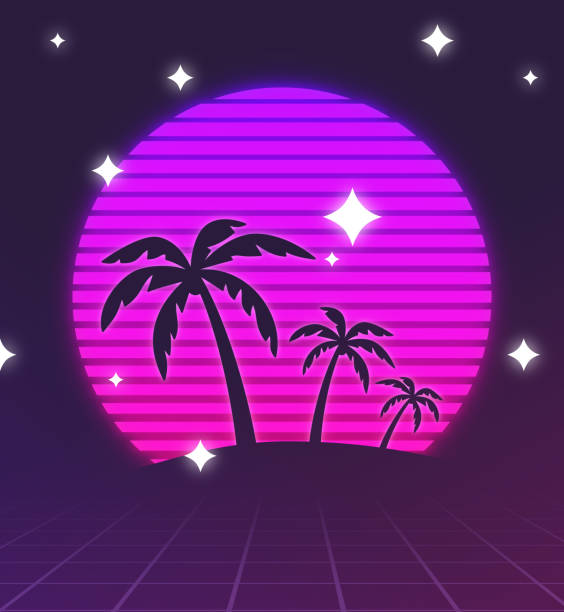 Retro tropical palm trees sunset illustration.