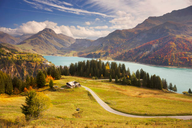 famous Roselend lake and the typicals chalets in Savoy, Alps, France