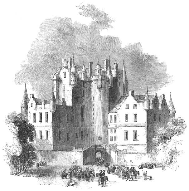 Glamis Castle in the village of Glamis in Angus, Scotland in the 17th century from the Works of William Shakespeare. Vintage etching circa mid 19th century.
