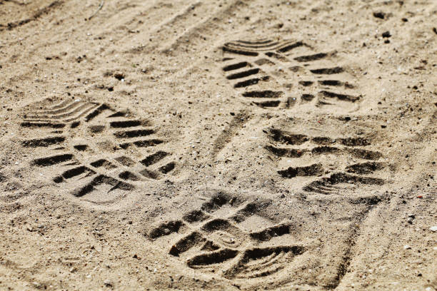 istock Footprints of shoes in the sand 1124833194