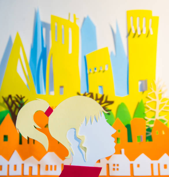 Young lady in the City. Paper cut design background