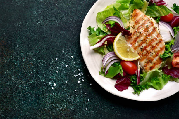 istock Grilled chicken or turkey breast with fresh vegetable salad 1124837895