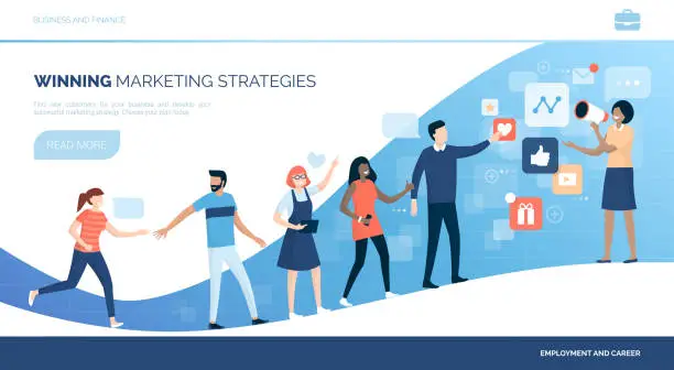 Vector illustration of Winning customers with marketing strategies