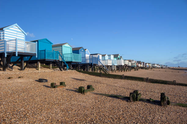istock Beach huts at Thorpe Bay, Essex, England 1124855128