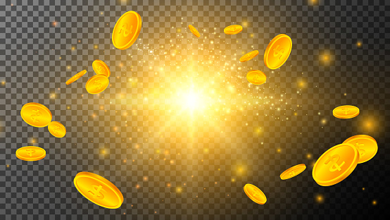 Golden Coins with Light Effects on Transparent Greed