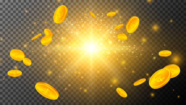 Golden Coins with Light Effects on Transparent Golden Coins with Light Effects on Transparent Greed money rain stock illustrations