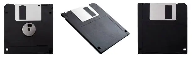 Obsolete data storage technology, retro digital medium and nostalgia concept with a tilted floppy disk isolated on white background from multiple angles with a clipping path cut out