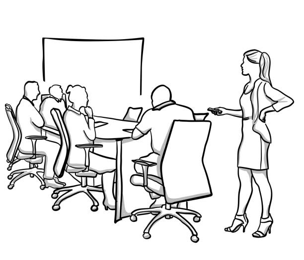 Presentation Woman Business Attire Boardroom table and presentation drawing electrical outlet white background stock illustrations