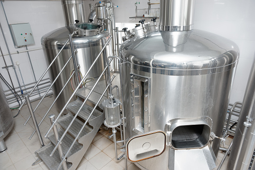 Two mash vats used to mix and boil malt, beer-making plant