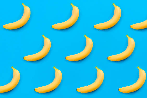 istock Minimalist pattern, fresh fruit and colorful art concept with flat lay top view of multiple yellow bananas isolated on bright blue background 1124869421