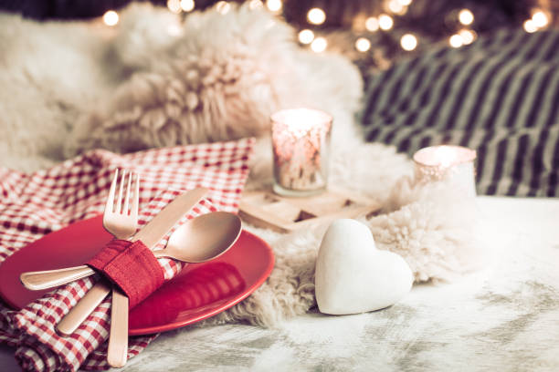 istock Valentine's Day festive dinner on a wooden background cutlery 1124869880