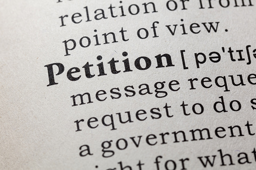 Fake Dictionary, Dictionary definition of the word petition. including key descriptive words.