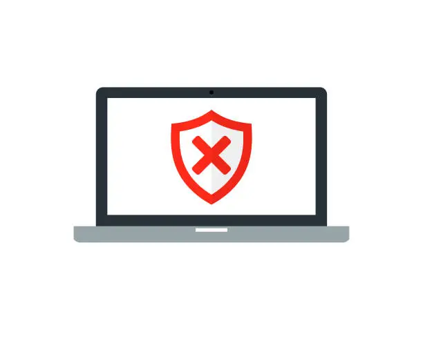 Vector illustration of Laptop computer with a red shield and a red check mark icon symbol