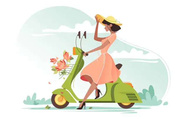 Vector illustration of Young beautiful girl with long light dress, flowers and ladies hat on scooter.