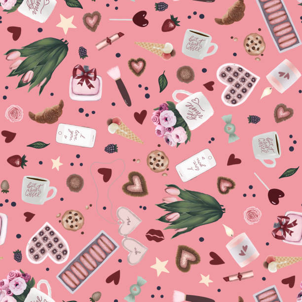 unikalny różowy walentynkowy wzór bez szwu z valentine ręcznie rysowane sztuki, kwiat, filiżanka kawy, serce, gwiazda, cukierki czekoladowe, cookie, lody, lizak, pocałunek, rogalika, makijaż, makaroniki, perfumy - seamless croissant pattern ice stock illustrations