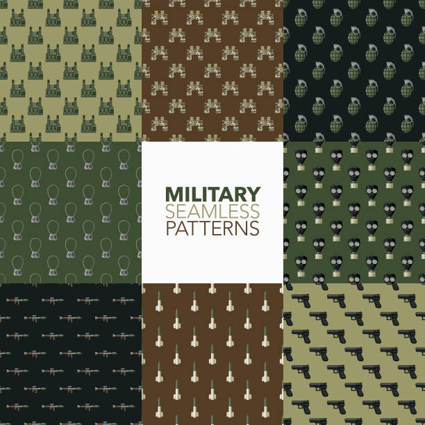 Military Seamless Patterns A seamless pattern set created from flat design icons, each of which can be tiled on all sides. File is built in the CMYK color space for optimal printing and can easily be converted to RGB. No gradients or transparencies used, the shapes have been placed into a clipping mask. binoculars patterns stock illustrations