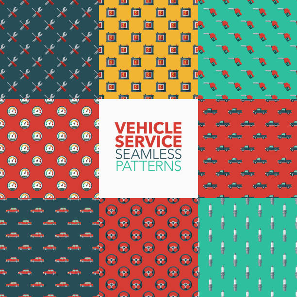 Car Service Patterns A seamless pattern set created from flat design icons, each of which can be tiled on all sides. File is built in the CMYK color space for optimal printing and can easily be converted to RGB. No gradients or transparencies used, the shapes have been placed into a clipping mask. symbol fuel and power generation fossil fuel fuel pump stock illustrations