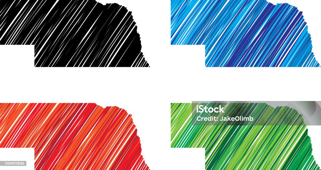 Nebraska Scribble Vector illustration of hand drawn black, blue, red and green Nebraska icons. Abstract stock vector