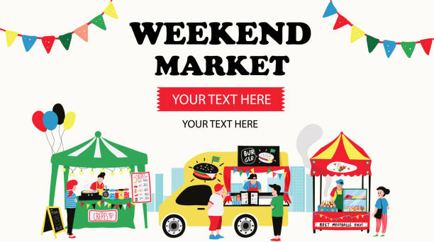 weekend market Weekend market banner consisting of burger food truck , crepe and meatballs stalls, surrounded with people, all is colorful doodle cartoon flat design, illustration, vector on white background bazaar market stock illustrations