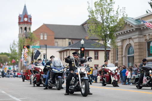 Stoughton, Wisconsin, USA - May 20, 2018: Annual Norwegian Parade, Members of the American Legion, riding motorcycles during the parade