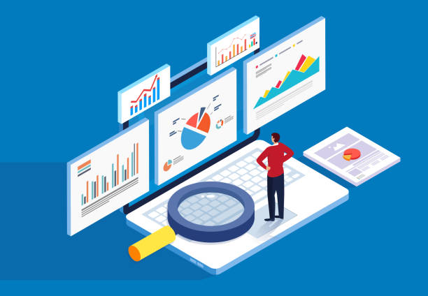 ilustrações, clipart, desenhos animados e ícones de análise de dados financeiros de mercado acionário isométrica de página da web - efficiency organization magnifying glass sale