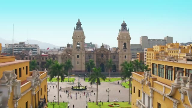 Panoramic aerial view of Lima, Peru Plaza de Armas cathedral